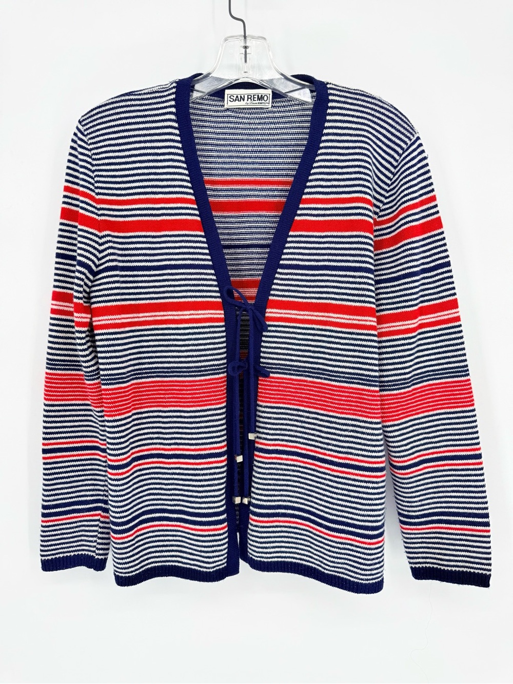 Vintage Patriotic 4th of July Cardigan Striped Nautical Memorial Day Tie Front S - Picture 3 of 15